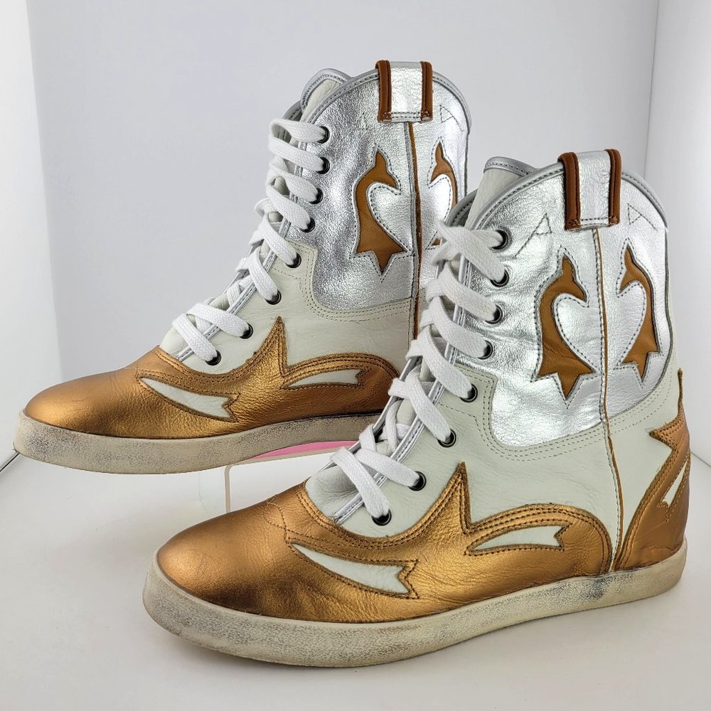 Fornarina x Cowgirls High Top Hidden Wedge Boot Sneakers White Gold Silver 8537